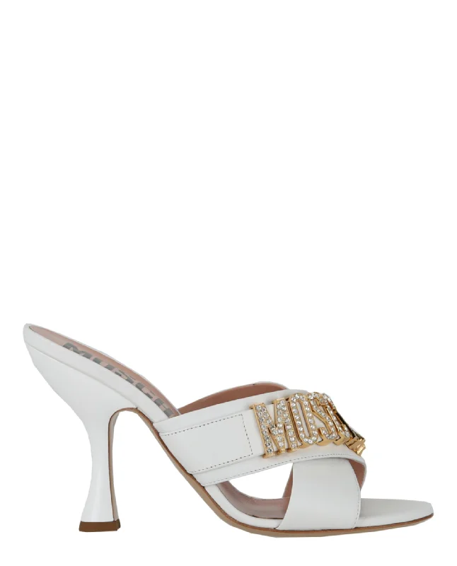 Moschino Womens Crystal Logo Leather Mules