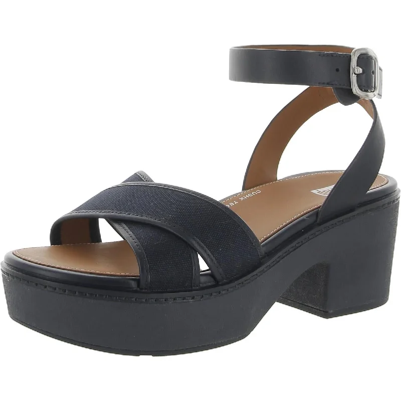 Pilar Crossover Womens Leather Canvas Block Heel