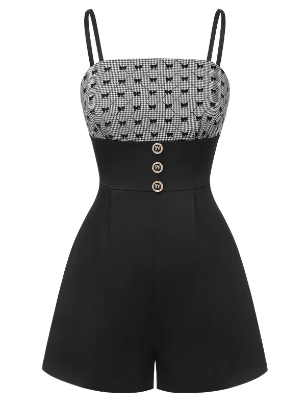 Black 1950s Bow Button Patchwork Strap Romper