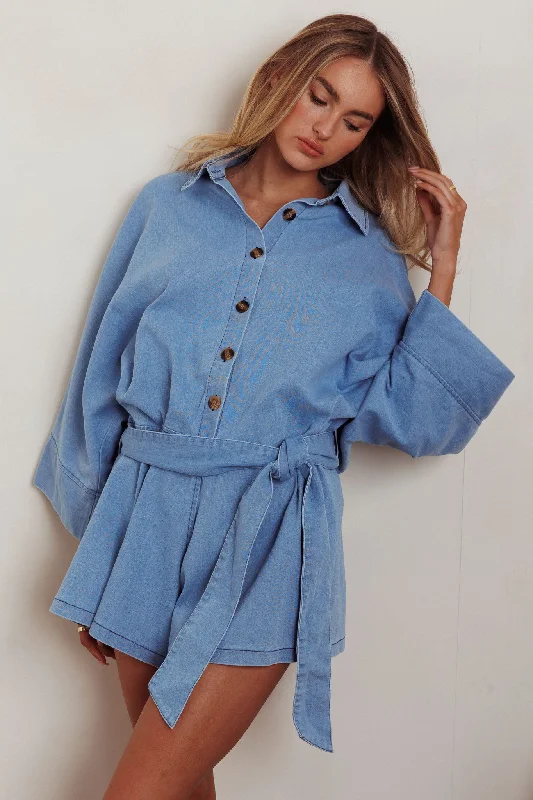 Daytona Beach Button-Up Romper Denim Blue