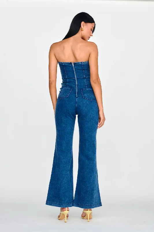 Horizon Strapless Wavy Neckline Jumpsuit Denim