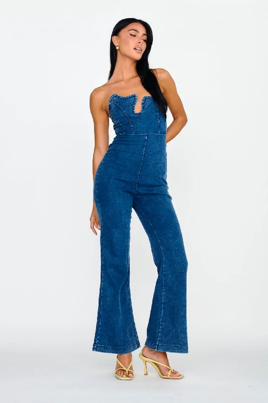 Horizon Strapless Wavy Neckline Jumpsuit Denim