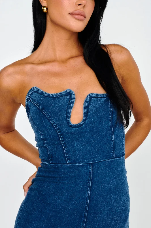 Horizon Strapless Wavy Neckline Jumpsuit Denim