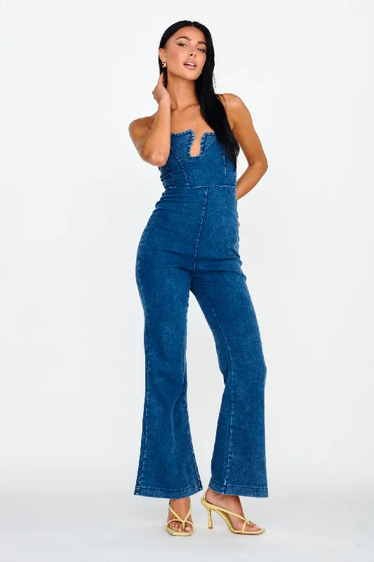 Horizon Strapless Wavy Neckline Jumpsuit Denim