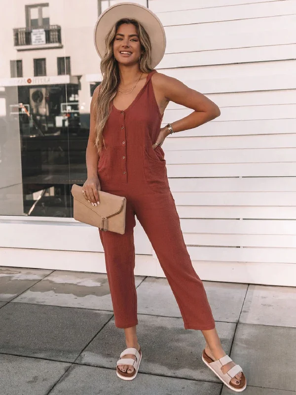 Ryann Scoop Neck Wide Strap Jumpsuit- 1 size Large/Brick Red left! FINAL SALE!