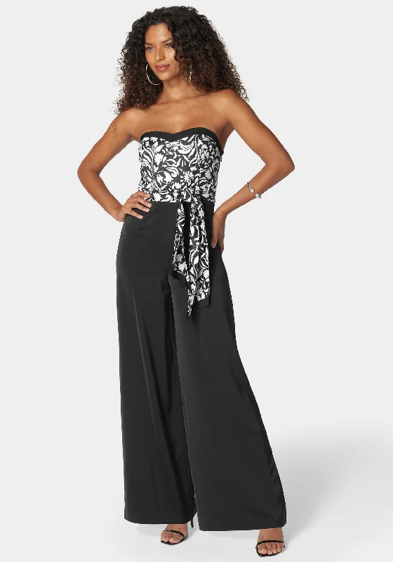 Satin Tie Front Scarf Ultra Wide Leg Jumpsuit