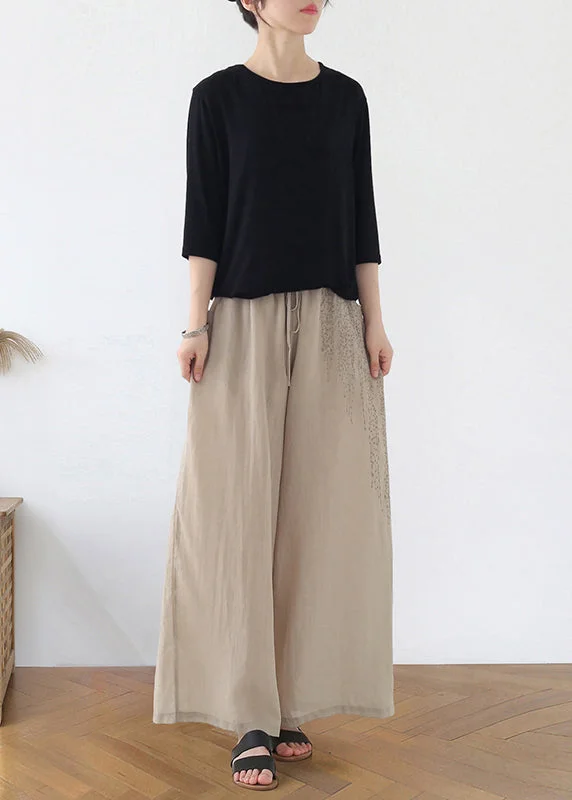 Bohemian Apricot Embroideried Pockets Linen Wide Leg Pants Fall