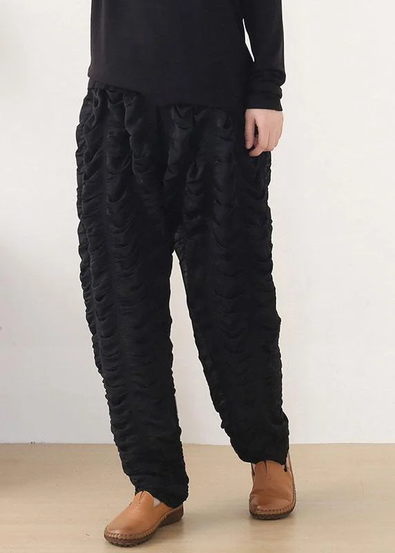 Bohemian Black Wrinkled Elastic Waist Fall Harem Pants