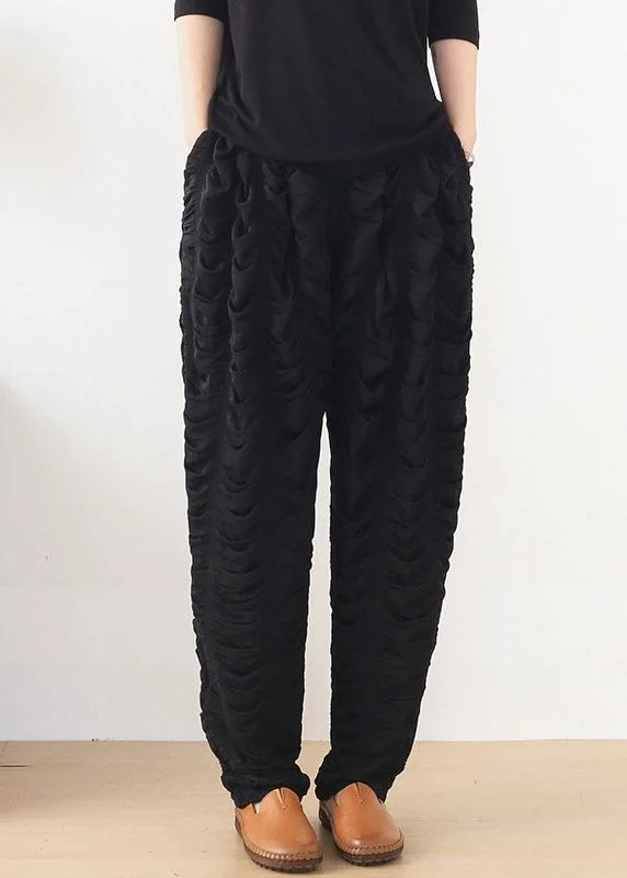 Bohemian Black Wrinkled Elastic Waist Fall Harem Pants