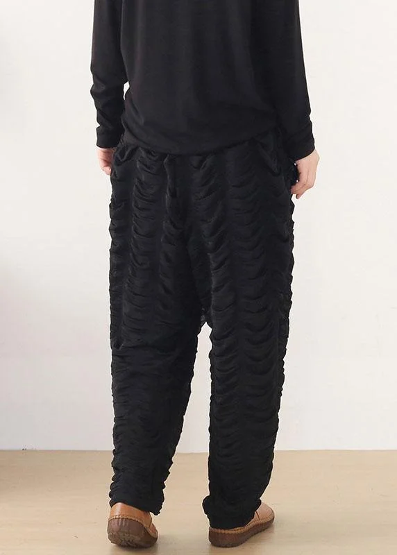 Bohemian Black Wrinkled Elastic Waist Fall Harem Pants