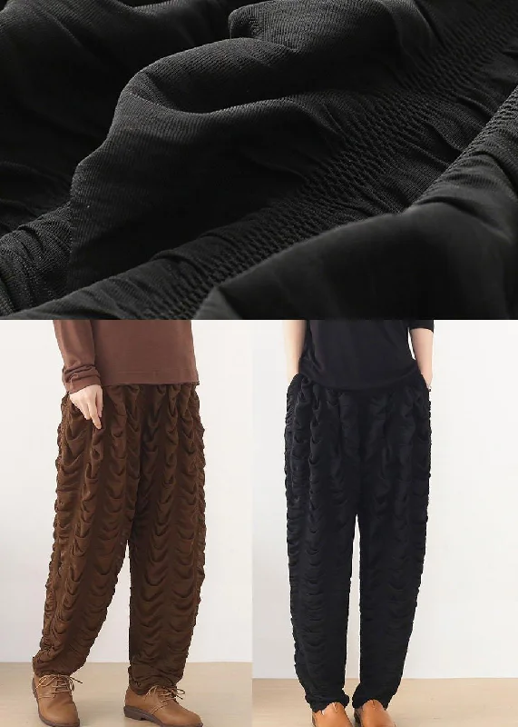 Bohemian Black Wrinkled Elastic Waist Fall Harem Pants