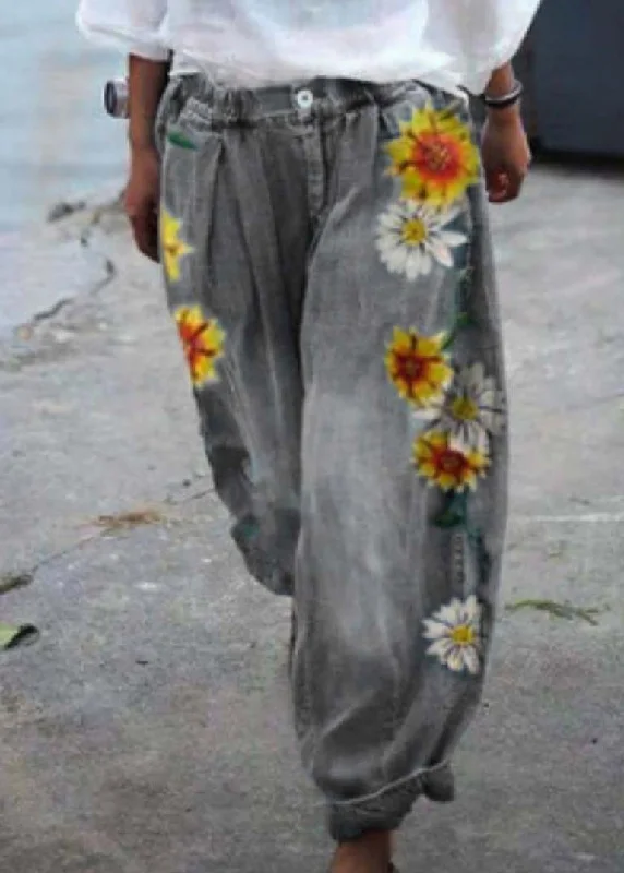 Bohemian Blue Oversized Sunflower Print Denim Harem Pants Summer