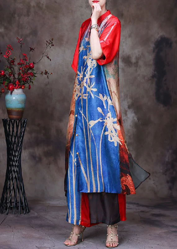 Bohemian Colorblock Stand Collar Button Print Side Open Silk Long Shirt And Wide Leg Pants 2 Piece Outfit Short Sleeve