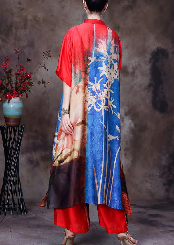 Bohemian Colorblock Stand Collar Button Print Side Open Silk Long Shirt And Wide Leg Pants 2 Piece Outfit Short Sleeve