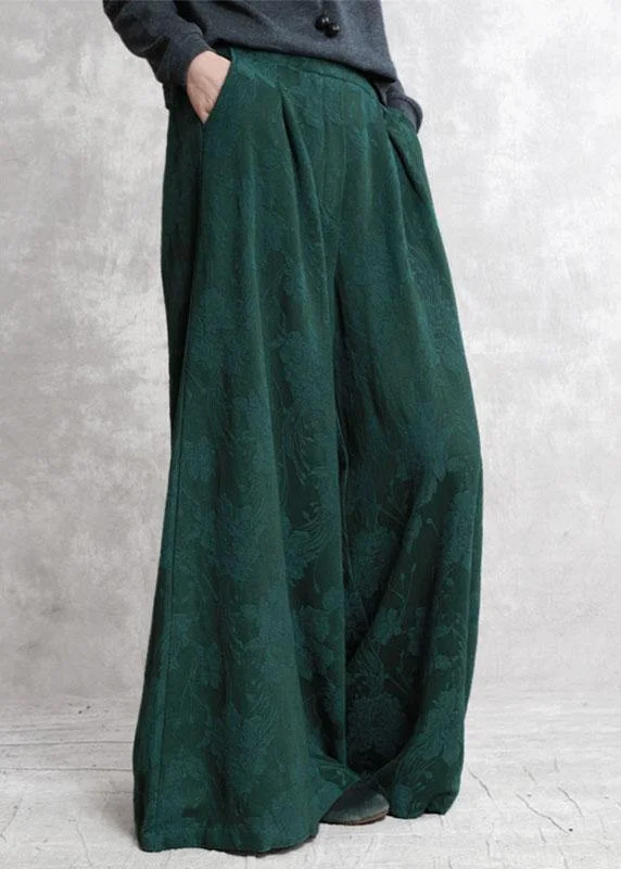 Bohemian Green Jacquard Pockets Fall Wide Leg Pants