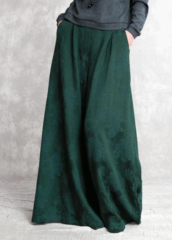 Bohemian Green Jacquard Pockets Fall Wide Leg Pants