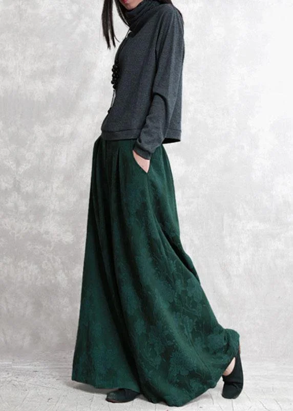 Bohemian Green Jacquard Pockets Fall Wide Leg Pants