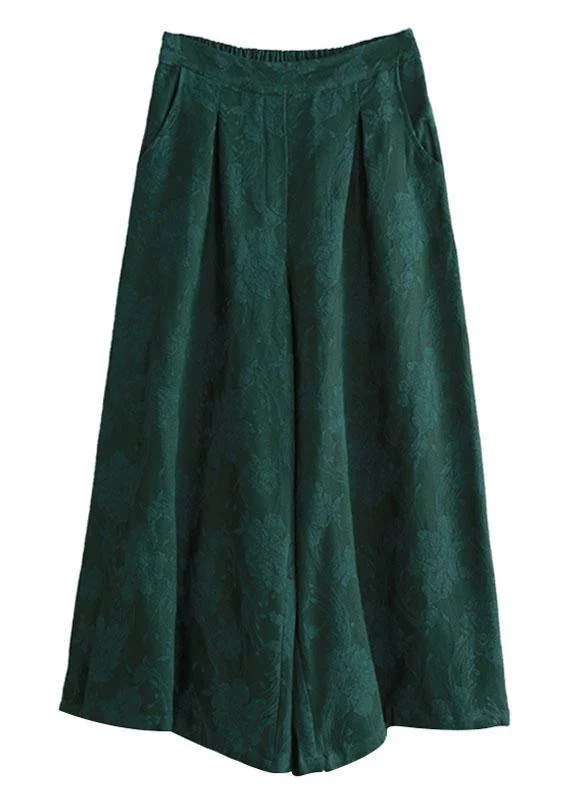 Bohemian Green Jacquard Pockets Fall Wide Leg Pants