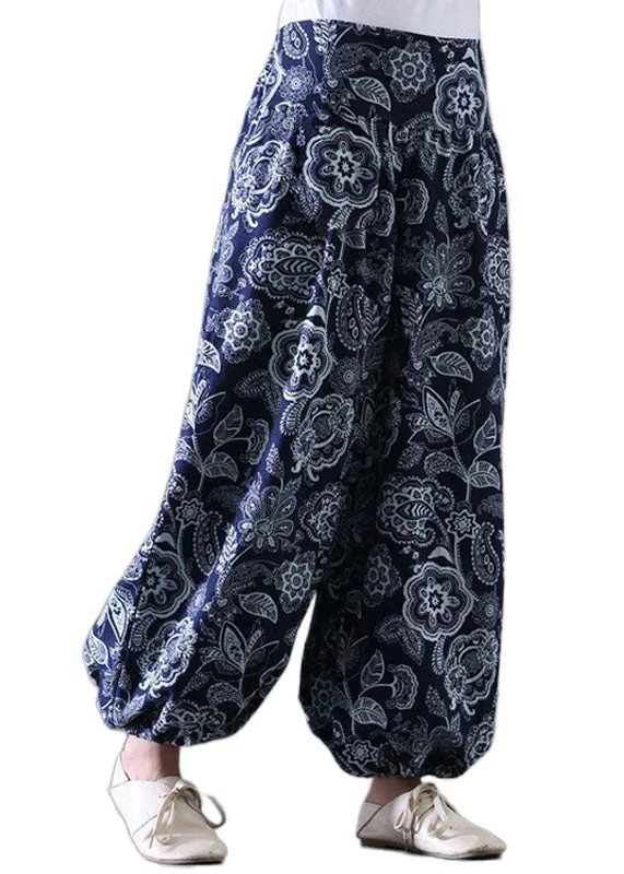 Bohemian Navy Print Elastic Waist Patchwork Cotton Lantern Pants Summer