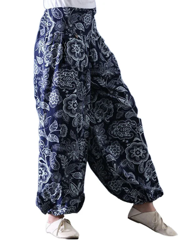 Bohemian Navy Print Elastic Waist Patchwork Cotton Lantern Pants Summer