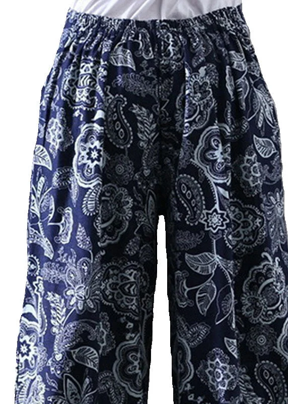 Bohemian Navy Print Elastic Waist Patchwork Cotton Lantern Pants Summer