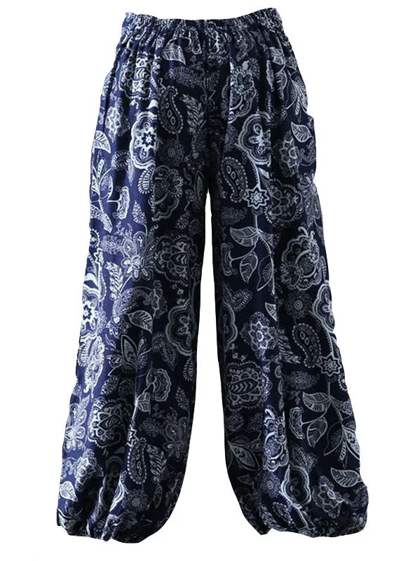 Bohemian Navy Print Elastic Waist Patchwork Cotton Lantern Pants Summer