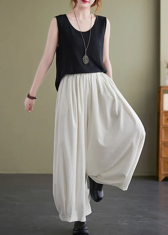 Bohemian White elastic waist Pockets draping wide leg Pants Spring