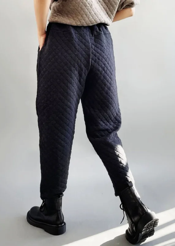 Boutique Black Grey Elastic Waist Plaid Fine Cotton Filled Pants Winter