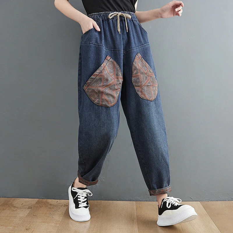 Boutique Blue elastic waist drawstring Pockets Patchwork Denim Pants Spring