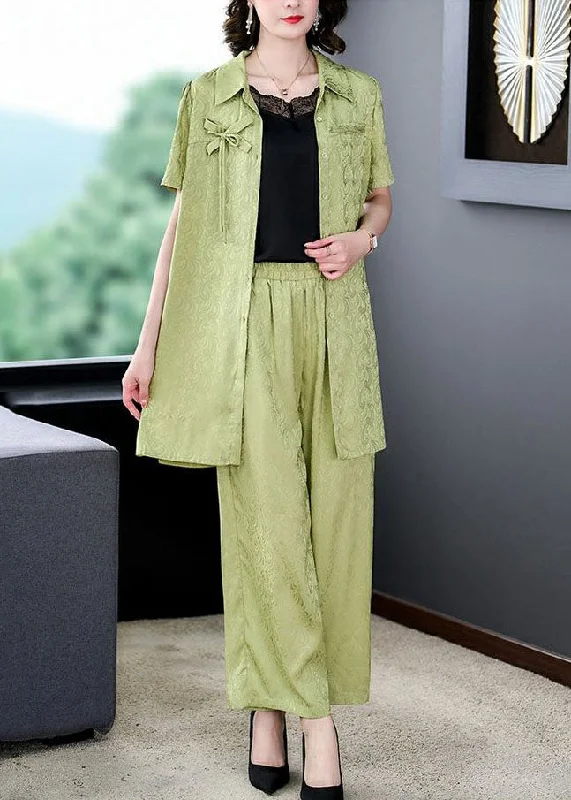 Boutique Green Peter Pan Collar Tops And Pants Silk 2 Piece Outfit Summer