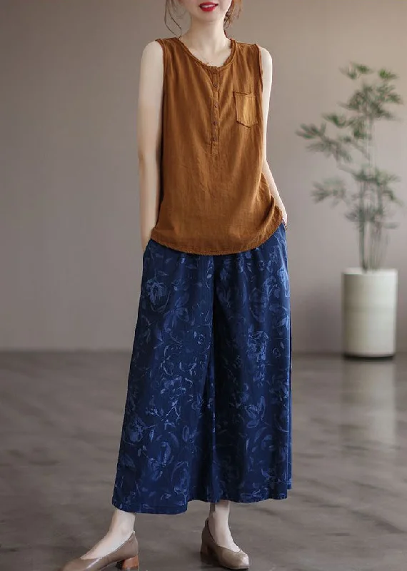 Boutique Navy Print Pockets Patchwork Cotton Wide Leg Pants Summer