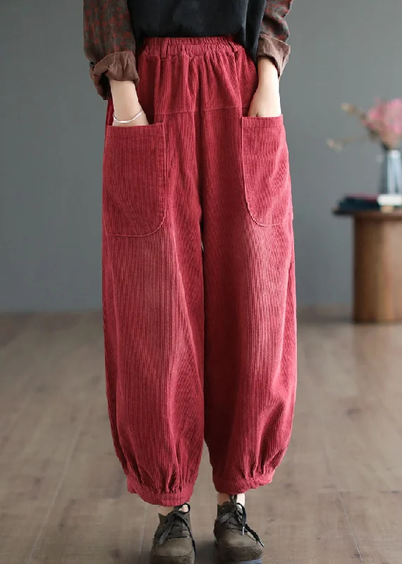 Boutique Red Elastic Waist Oversized Pockets Corduroy Pants Fall