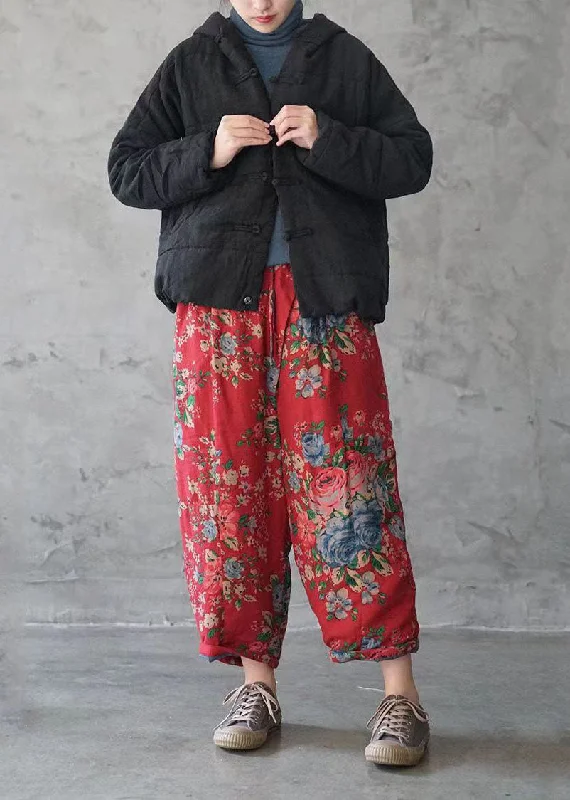 Boutique Red Elastic Waist Print Fine Cotton Filled Pants Winter