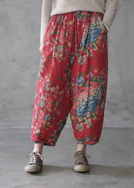 Boutique Red Elastic Waist Print Fine Cotton Filled Pants Winter