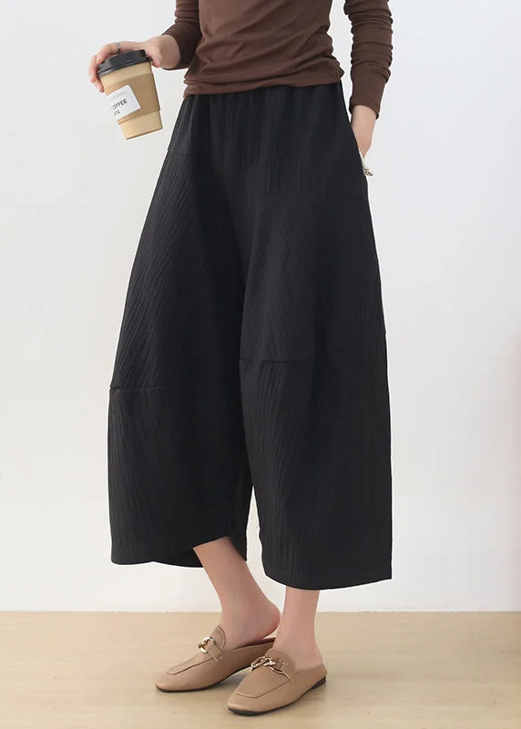 Casual Black Elastic Waist Pockets Linen Wide Leg Pants Fall