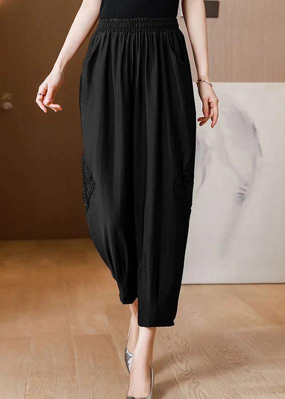 Casual Black Embroideried Floral Linen Crop Pants Spring