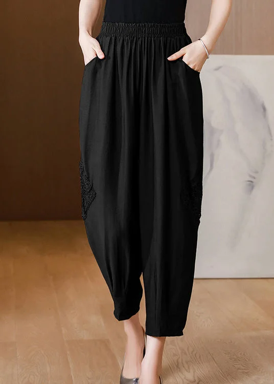 Casual Black Embroideried Floral Linen Crop Pants Spring