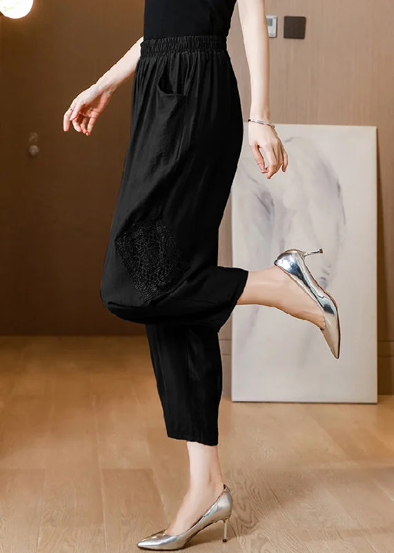 Casual Black Embroideried Floral Linen Crop Pants Spring