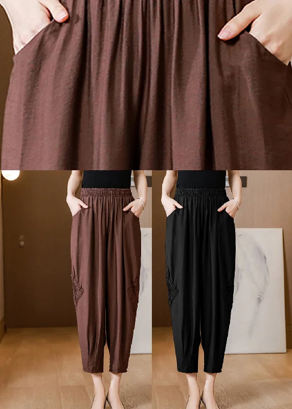 Casual Black Embroideried Floral Linen Crop Pants Spring