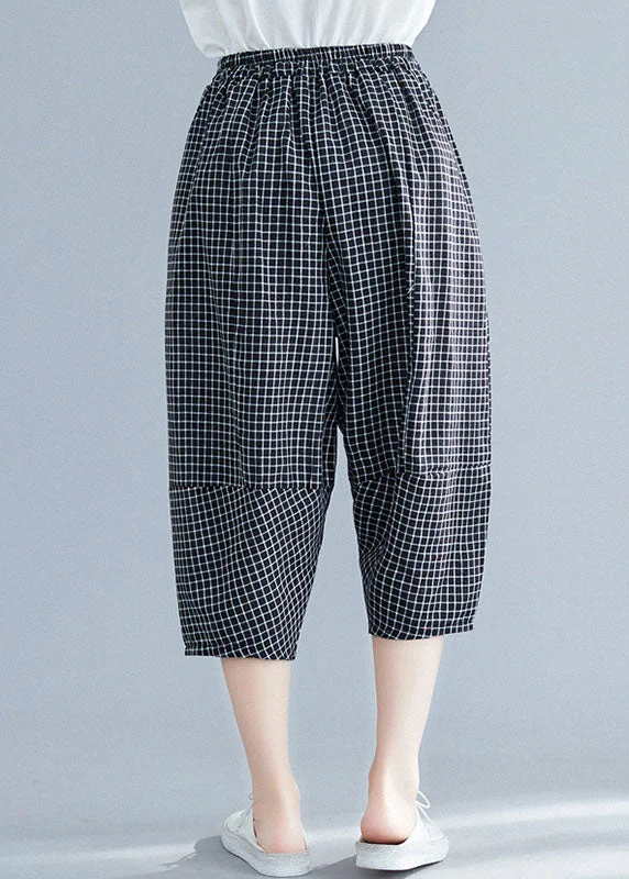 Casual Black Plaid Elastic Waist Pockets Cotton Crop Pants Trousers Summer