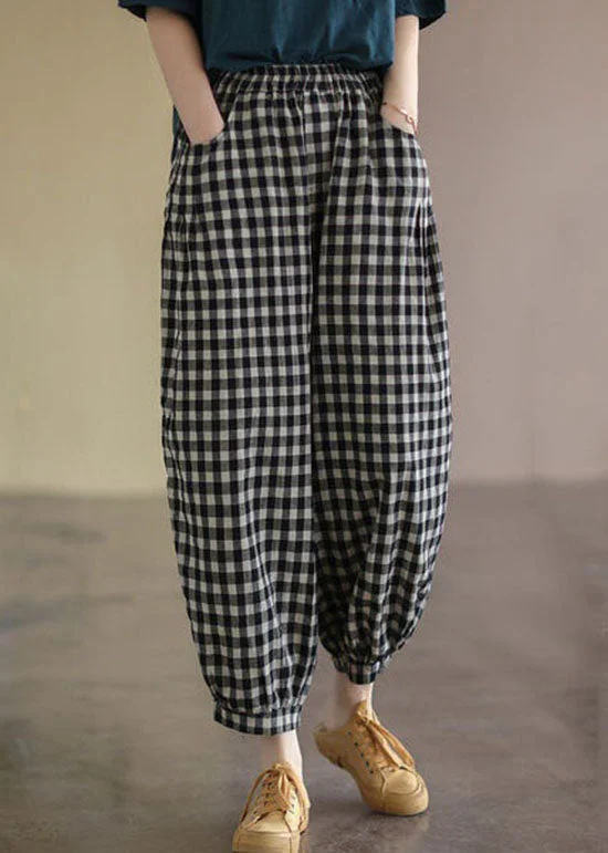 Casual Black Plaid Pockets Patchwork Cotton Lantern  Pants Summer