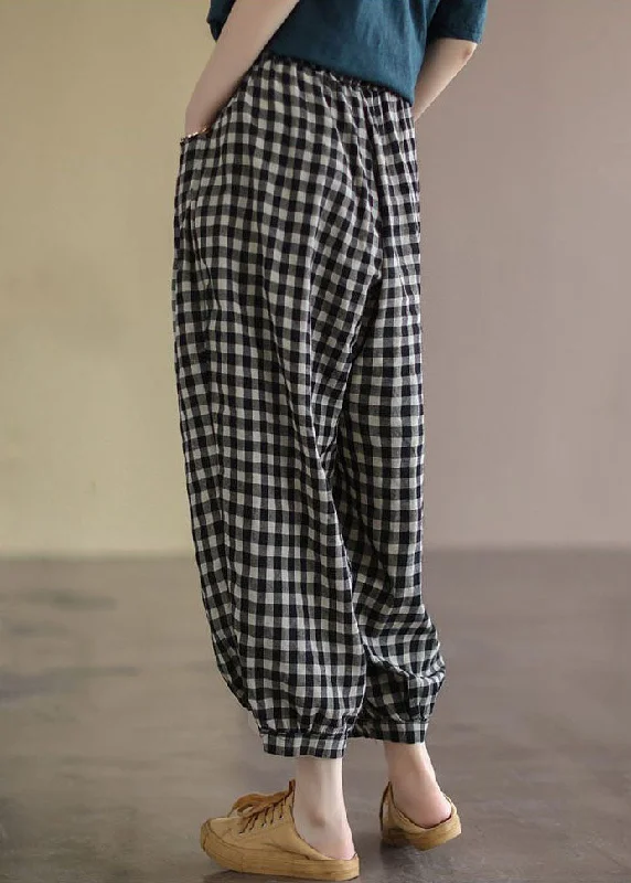 Casual Black Plaid Pockets Patchwork Cotton Lantern  Pants Summer