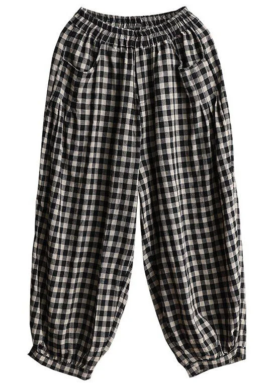 Casual Black Plaid Pockets Patchwork Cotton Lantern  Pants Summer