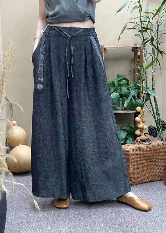 Casual Blue Pockets Tie Waist Straight Pants Summer