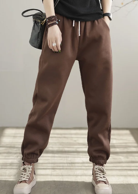 Casual Coffee Elastic Waist Oversized Warm Fleece Pants Winter