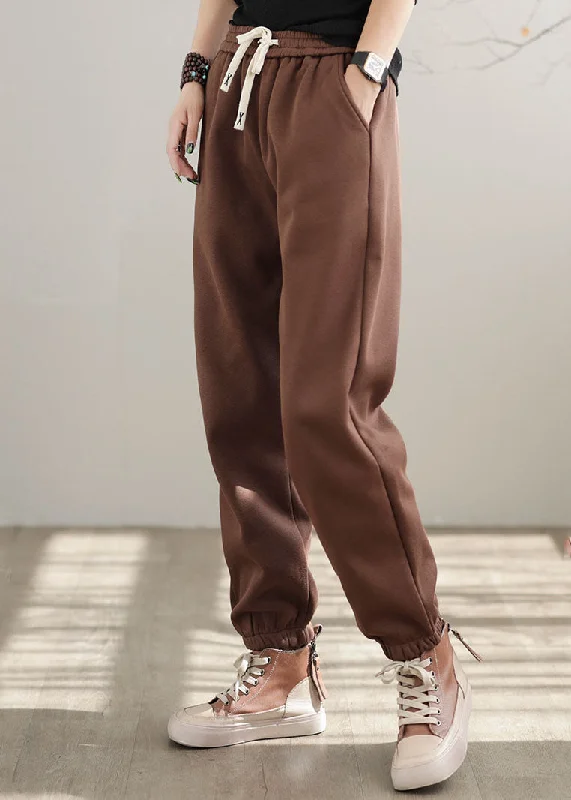 Casual Coffee Elastic Waist Oversized Warm Fleece Pants Winter