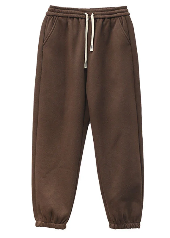 Casual Coffee Elastic Waist Oversized Warm Fleece Pants Winter