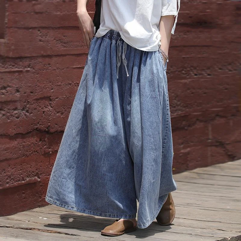 Casual Drawstring Blue Denim Wide Leg Pants