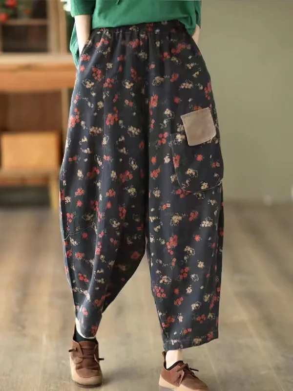 Casual Floral Patch Pocket Loose Pants Spring