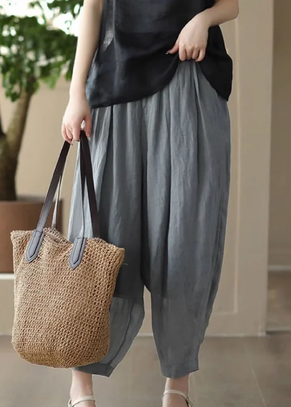 Casual Grey Elastic Waist Pockets Patchwork Linen Lantern Pants Summer